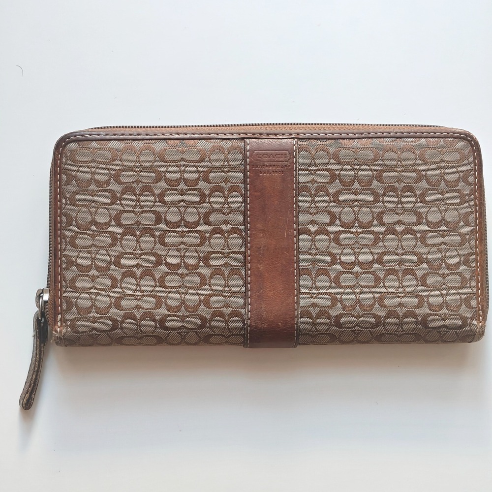 Vintage Coach Signature Canvas Logo Zip Around Wallet Brown Leather Monogram